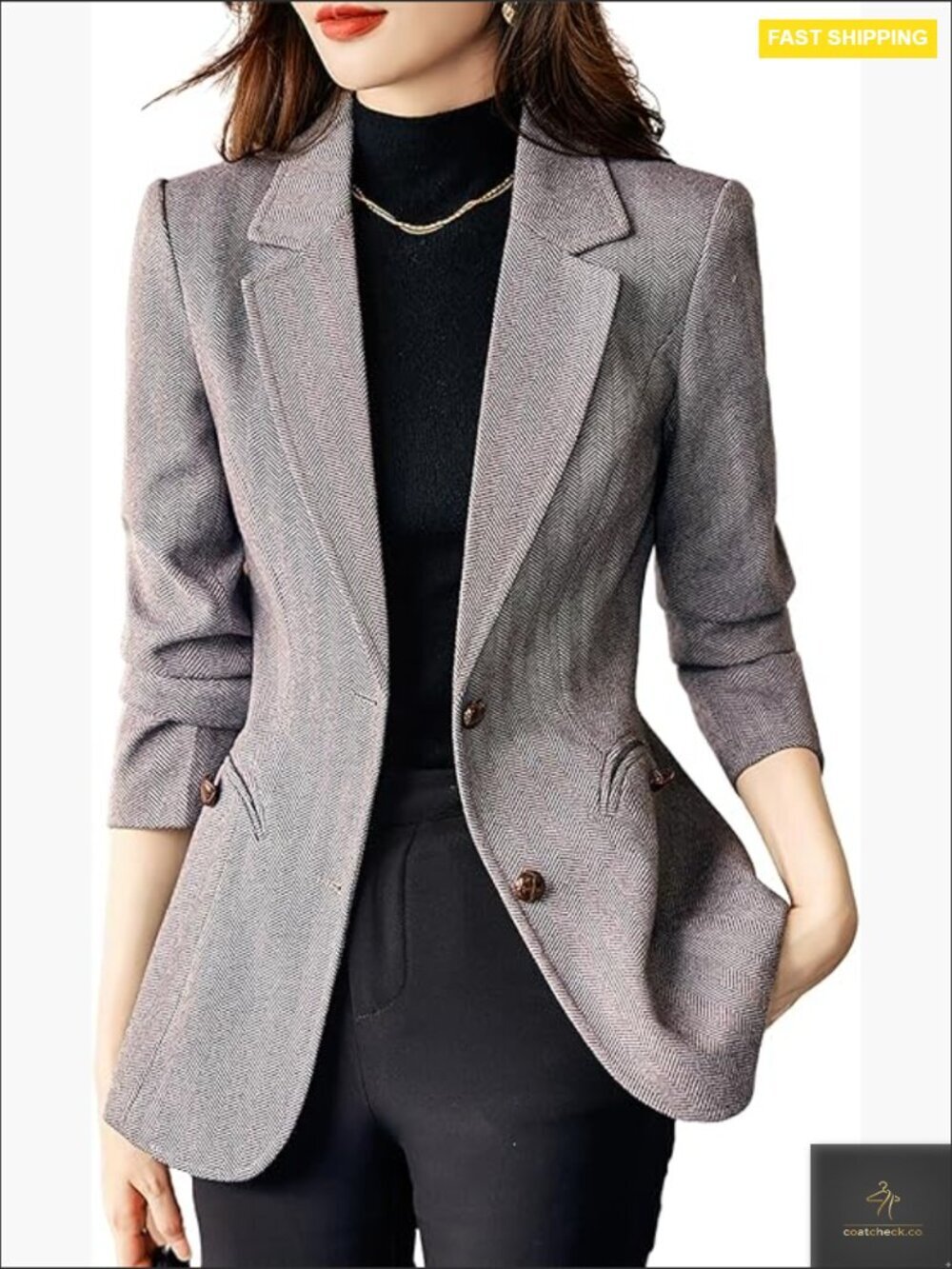 Classic Herringbone Blazer Wool Blend Slim Fit Notch Lapel Office Chic